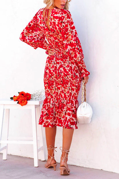 V Neck Long Sleeves Dress Printed Mermaid Midi Dress
