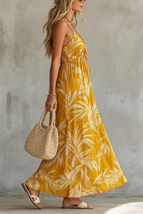 Spaghetti Strap V Neck Printed Chiffon Maxi Dress