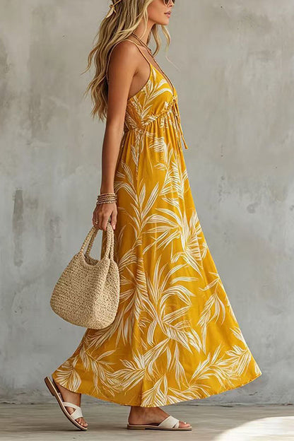 Spaghetti Strap V Neck Printed Chiffon Maxi Dress