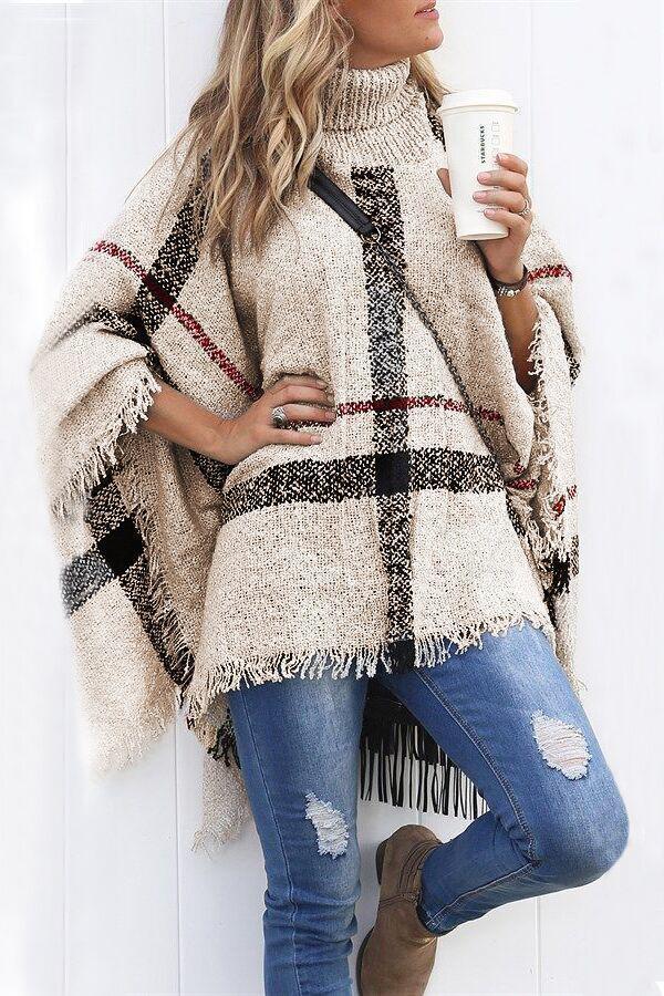 Soft Tassel Lattice Cloak Poncho Sweater Beige OneSize