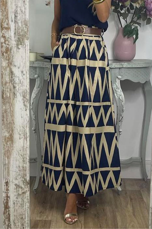 Pocketed Geometric Printed A-line Maxi Swing Skirt DarkBlue