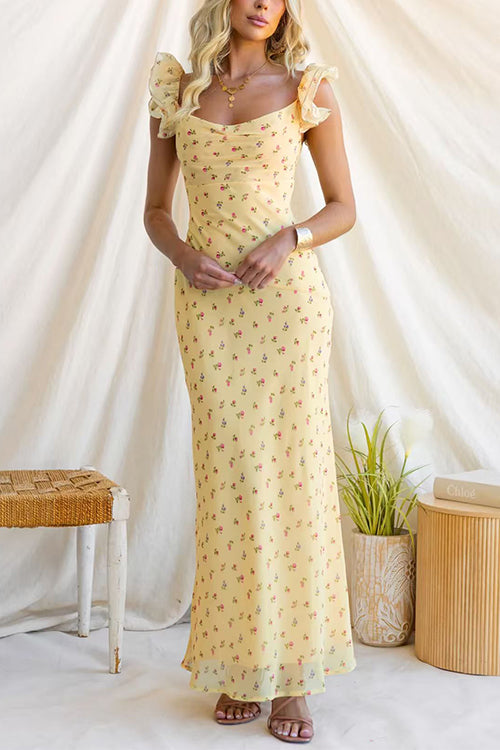 Ruffle Sleeves Floral Print Mesh Overlay Maxi Dress