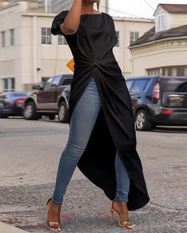 Clidress O Neck Irregular Fork Long T-shirt
