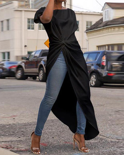 Clidress O Neck Irregular Fork Long T-shirt