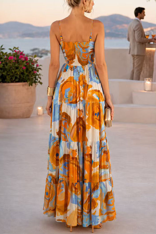 Spaghetti Strap Floral Print Ruffle Tiered Maxi Dress