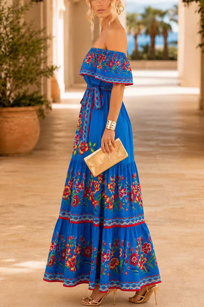 Off Shoulder Bow Waist Floral Print Ruffle Maxi Dress