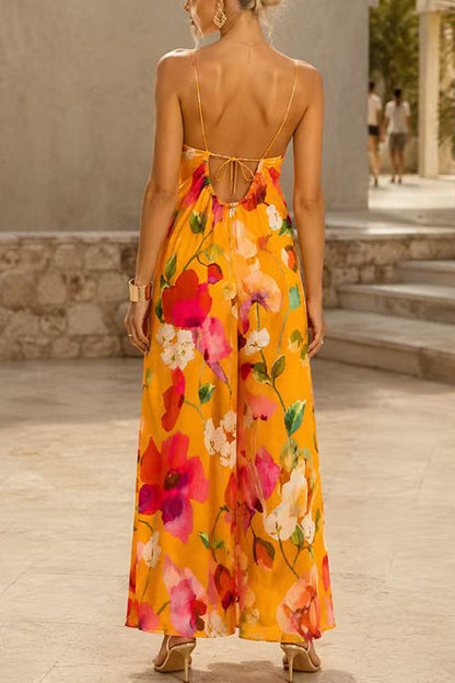 Sleeveless Open Back Floral Print Wide Leg Jumpsuit