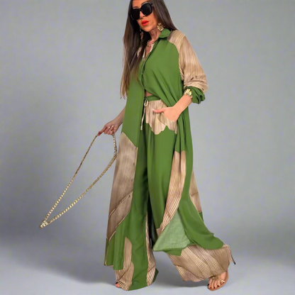 Printed mid-length top and wide-leg pants two-piece set