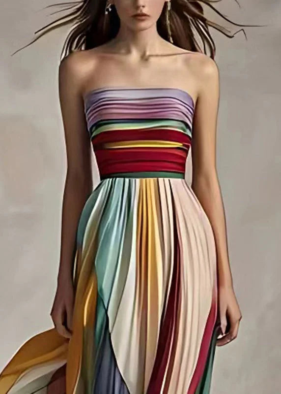 Slim Fit Striped Cold Shoulder Crinkled Chiffon Pleated Dress
