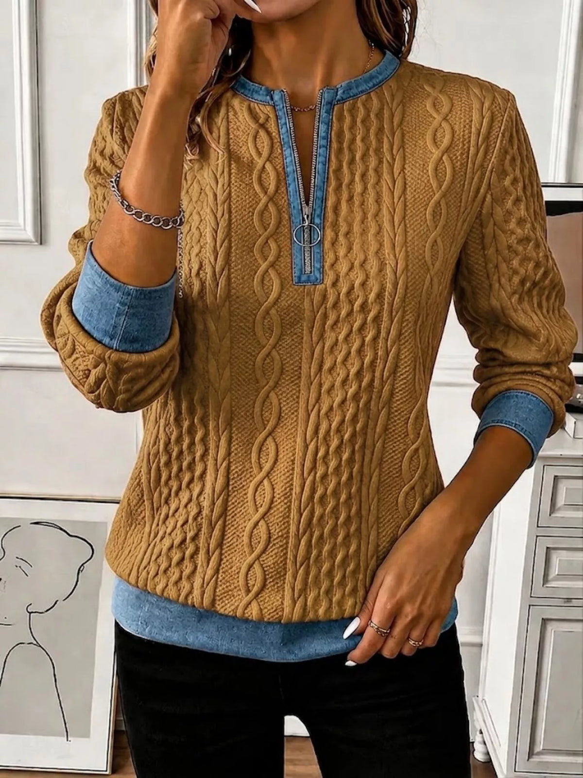 Plus Size Cable-Knit Quarter-Zip Sweatshirt