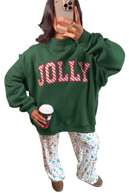 Blackish Green MERRY Embroidered Letter High Neck Tunic Pullover Sweatshirt