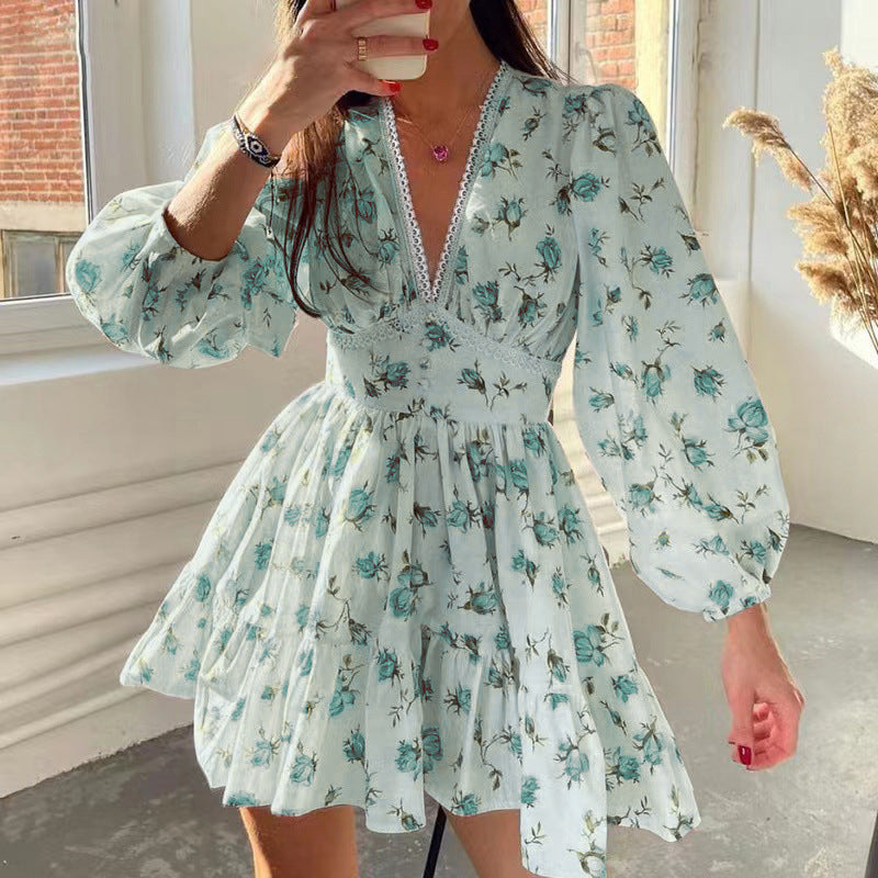 Sweet printed V-neck lace short dress