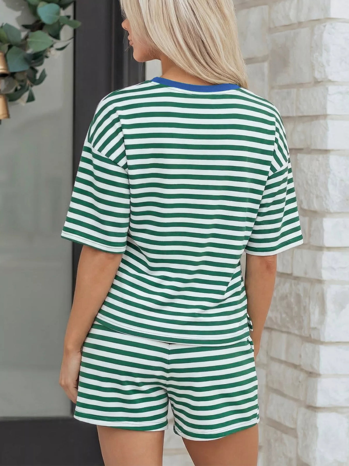 Stripe Boxy Tee and Drawstring Elastic Waist Shorts Set