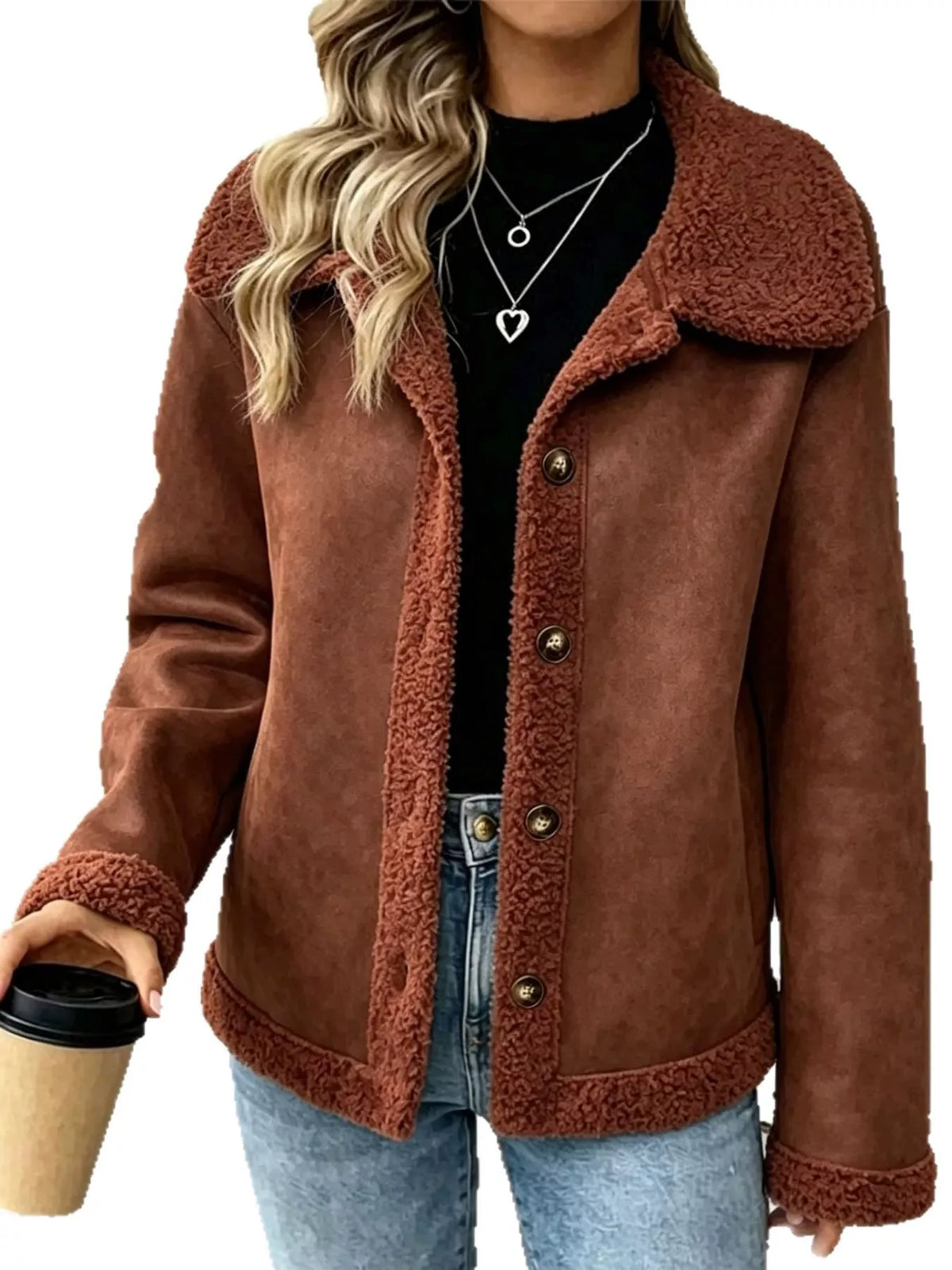 Full Size Cozy Faux Suede Sherpa-Lined Button-Down Jacket Plus Size