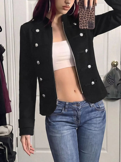 Decorative Button Zip Up Outerwear