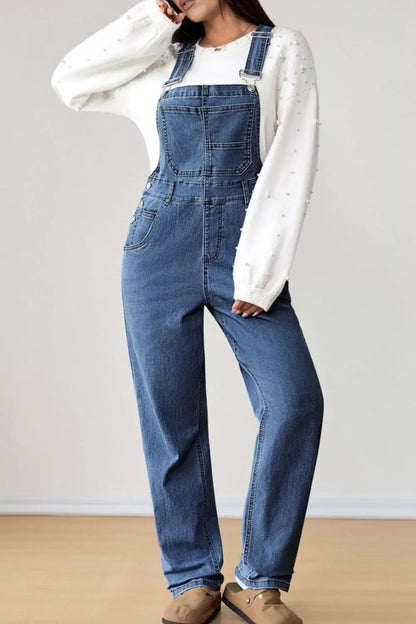 Retro Bib Pocket Buckle Straps Casual Denim Overalls