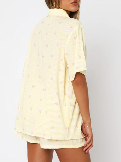 Valentine's Day Printed Collared Neck Short Sleeve Top And Shorts Set