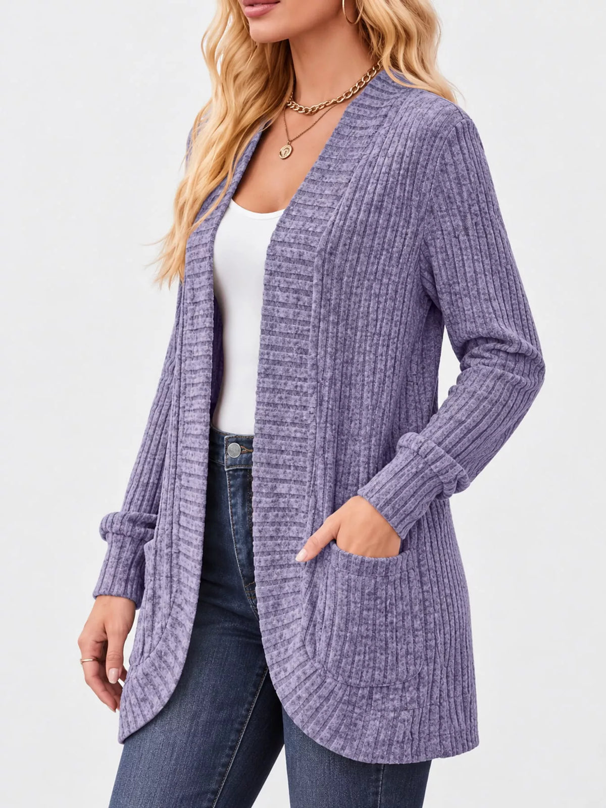 Full Size Classic Ribbed Open-Front Longline Cardigan Plus Size