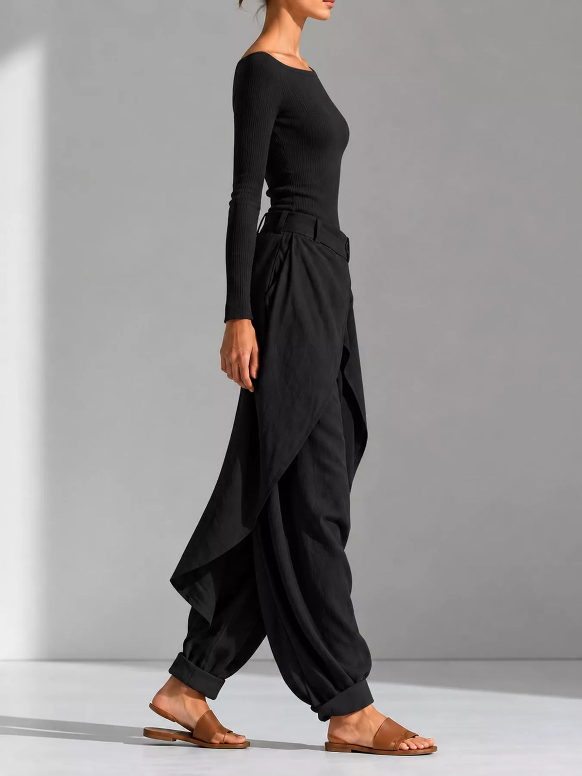 Boat Neck Long-Sleeve Top and Wrap Wide-Leg Pant Set