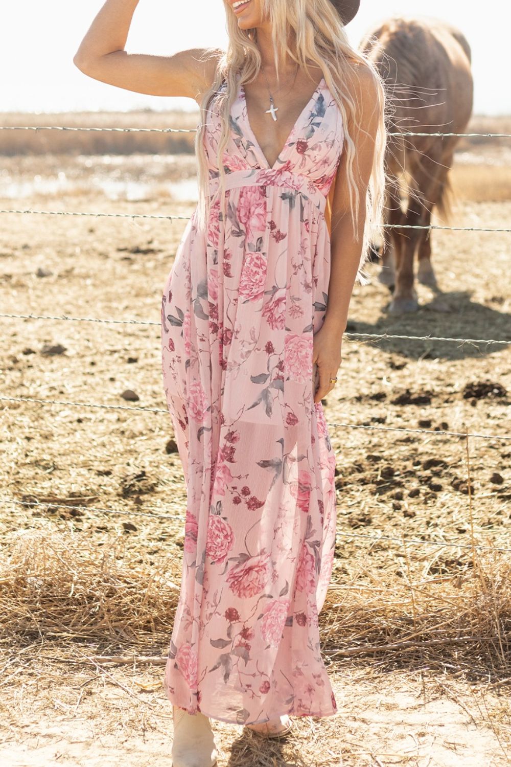 Floral Pleated Deep V Backless Maxi Dress