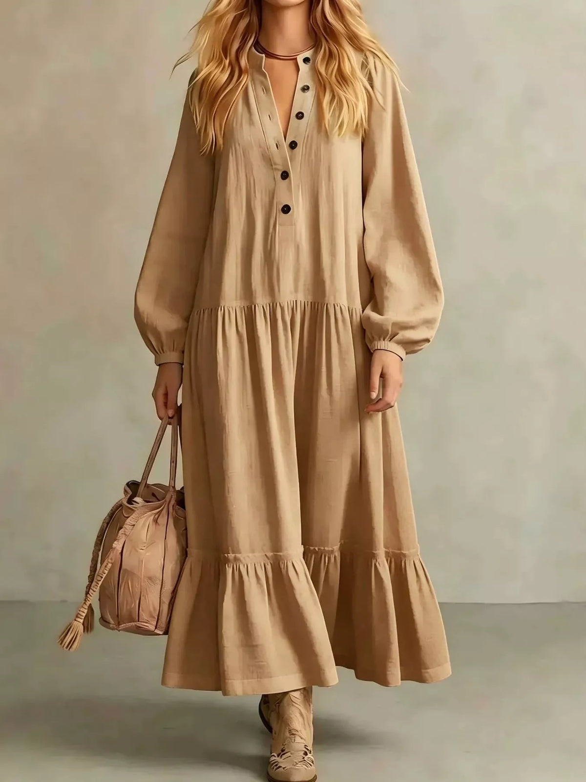 Button Front Tiered Maxi Dress