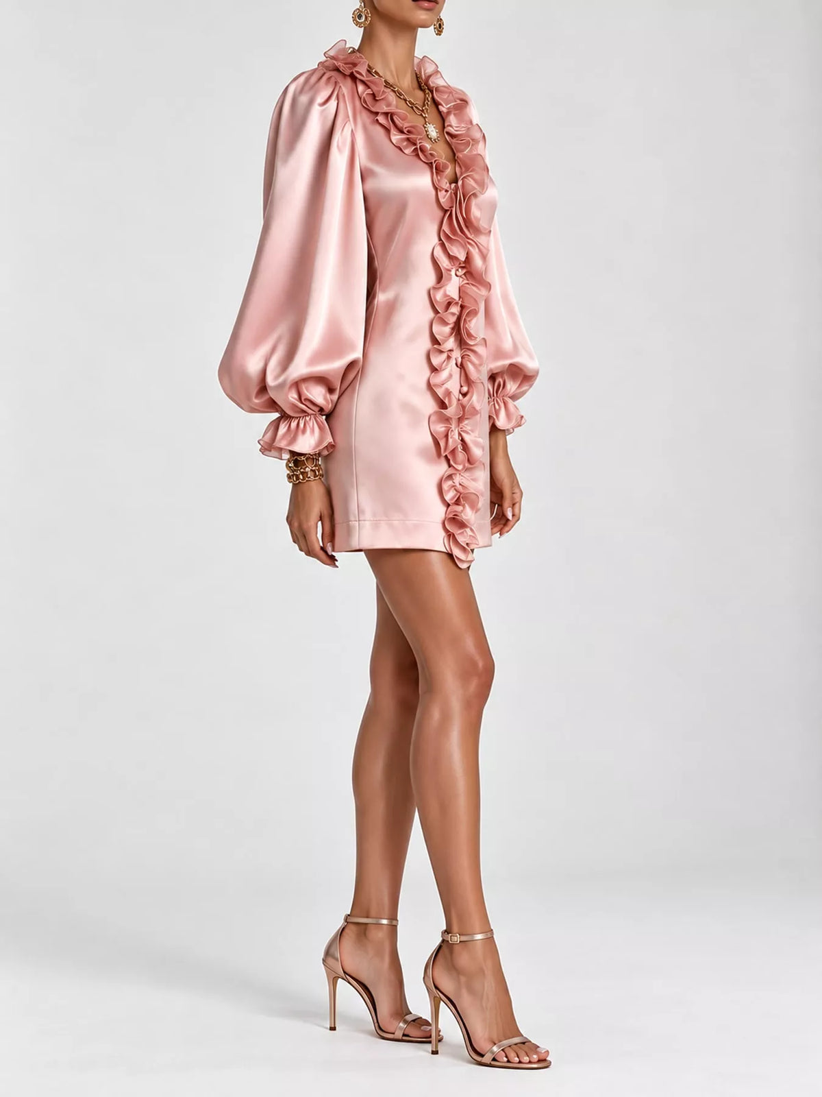 Ruffle Trim Puff Sleeve Mini Dress
