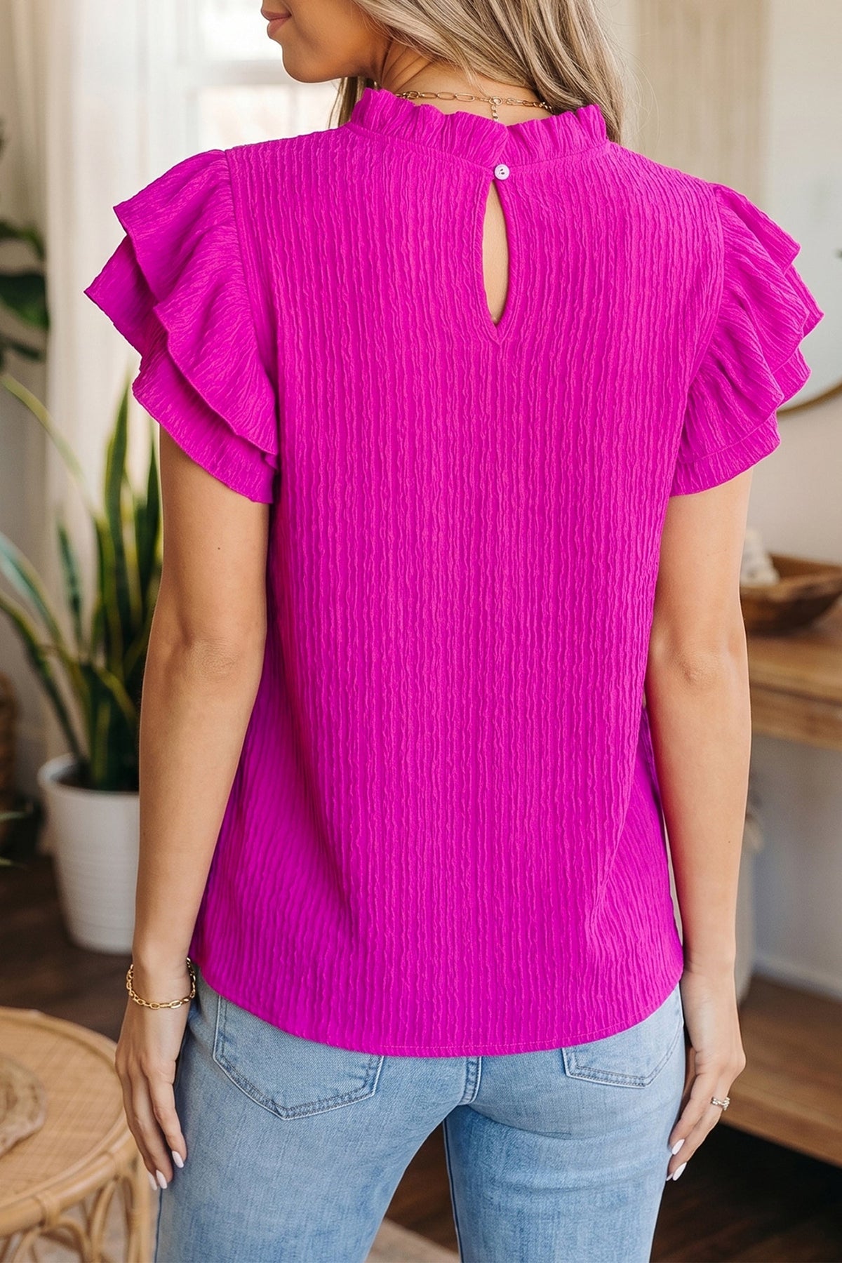White Solid Color Textured Ruffle Trim Short Sleeve Blouse
