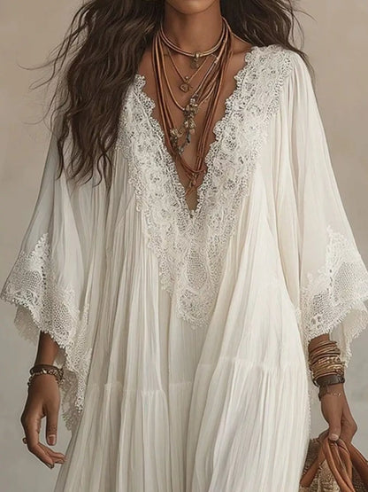 Lace Trim V-Neck Maxi Dress | Feminine Boutique Style