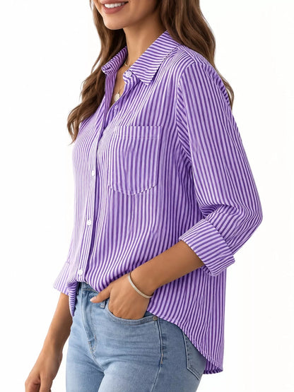 Full Size Striped Button-Down Long Sleeve Shirt Plus Size
