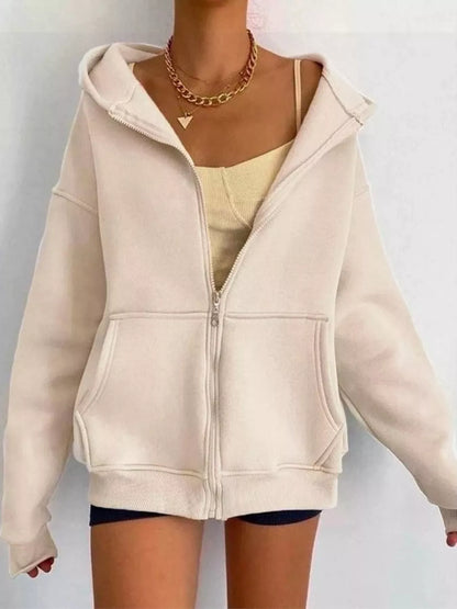 Full Size Zip-Up Dropped Shoulder Hoodie Plus Size