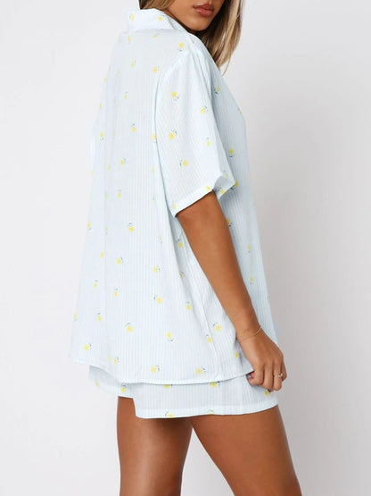 Valentine's Day Printed Collared Neck Short Sleeve Top And Shorts Set