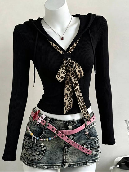 Long Sleeve Hooded T-Shirt with Leopard Scarf Detail
