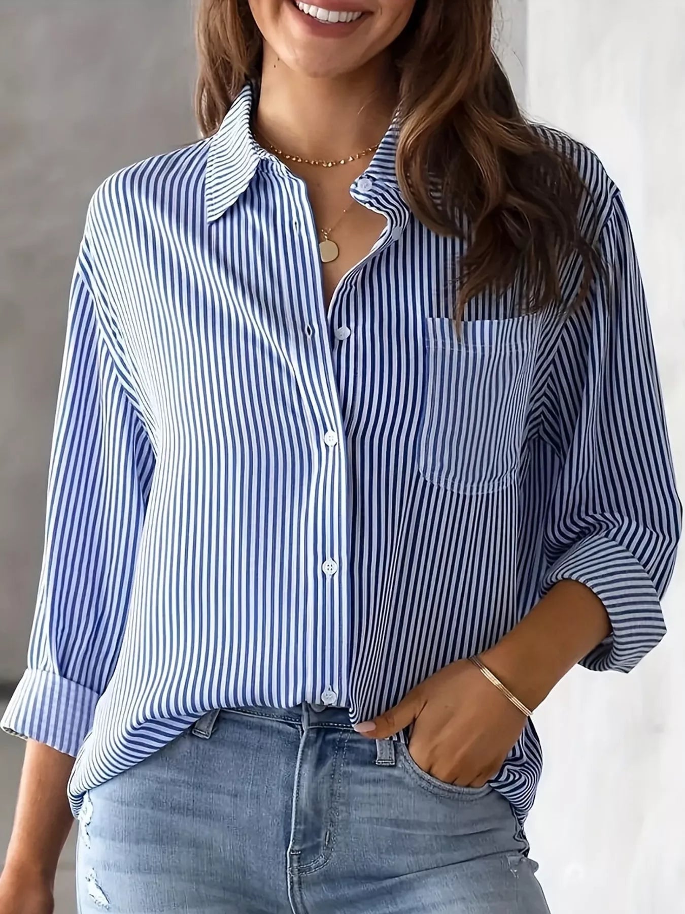 Full Size Striped Button-Down Long Sleeve Shirt Plus Size