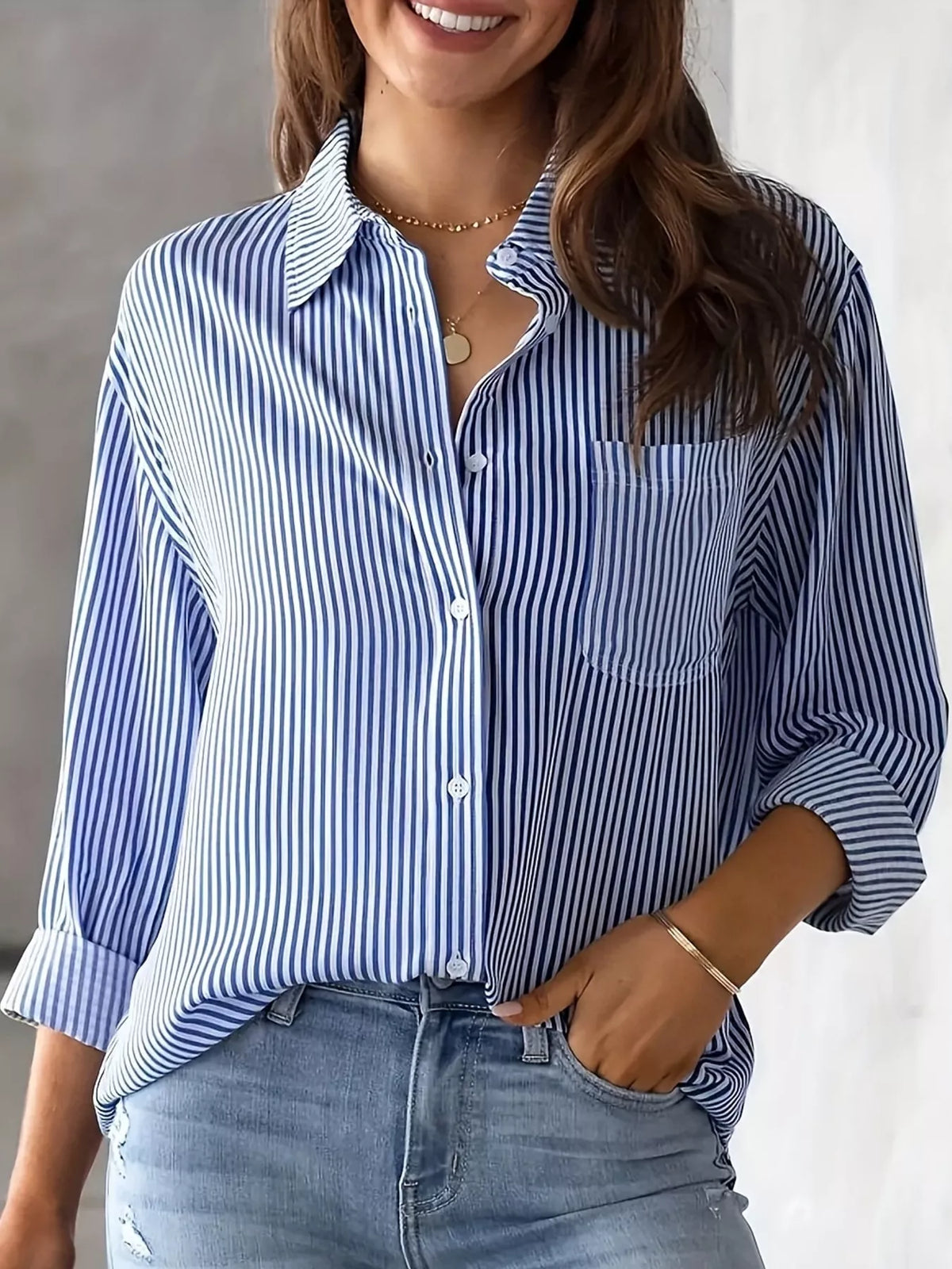 Full Size Striped Button-Down Long Sleeve Shirt Plus Size