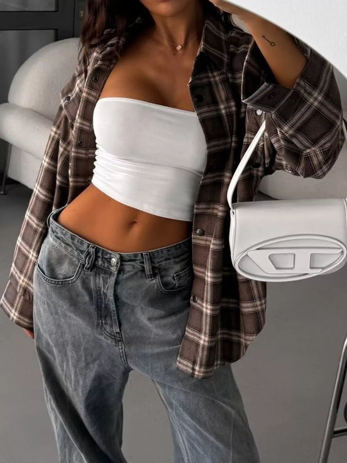 Plaid Button-Down Shirt with Detachable Sleeves