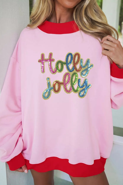 Holly Jolly Sequin Christmas Slogan Color Block Trim Mock Neck Sweatshirt