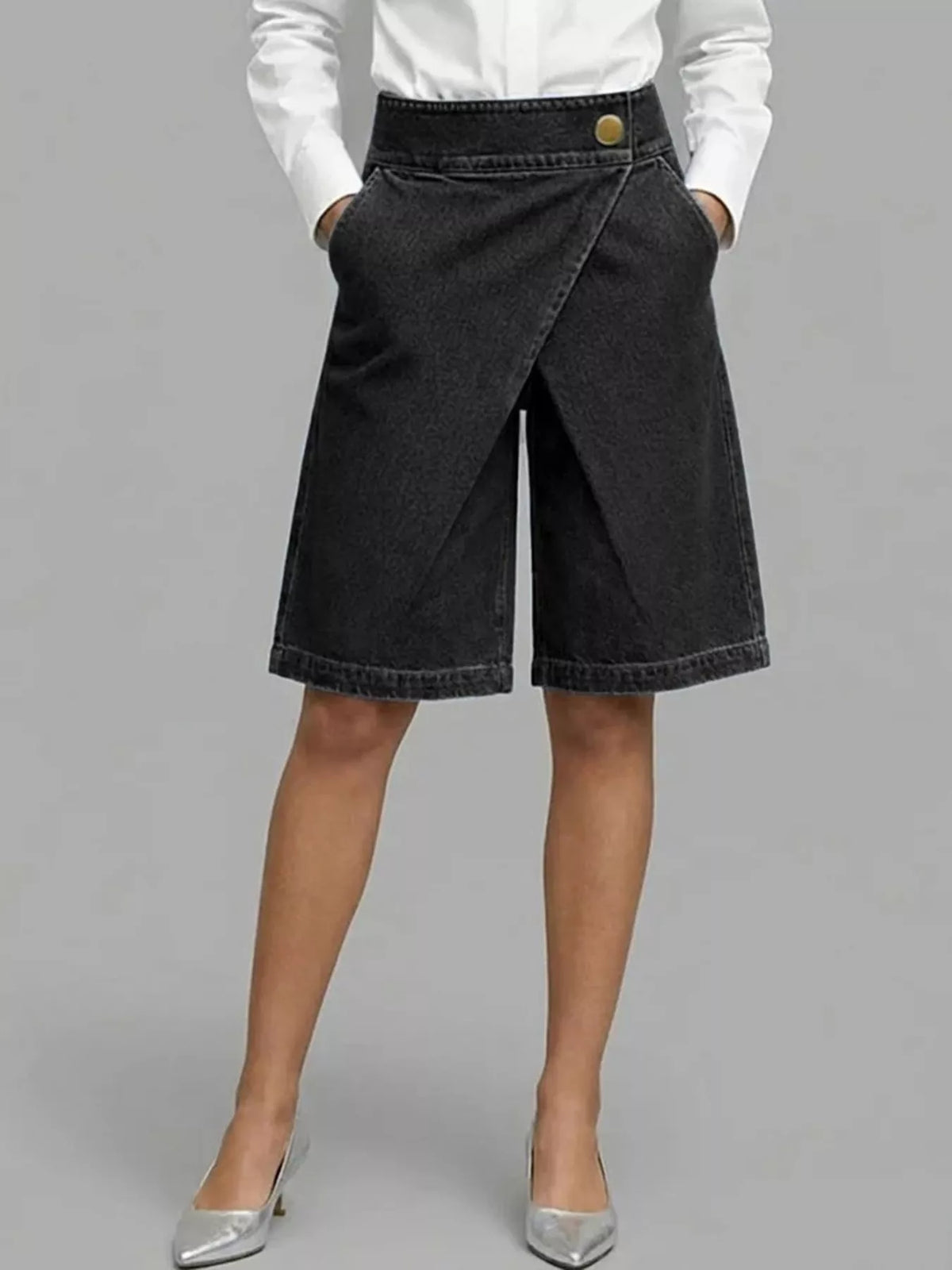 Full Size High-Waisted Wrap-Front Denim Look Shorts Plus Size