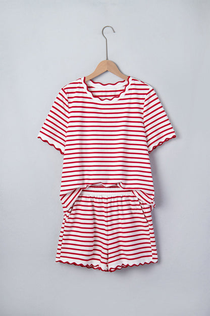 Red Stripe Scallop Trim Casual Top 2pcs Short Set