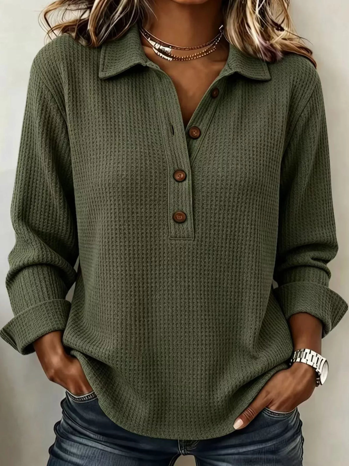 Full Size Waffle Knit Long Sleeve Polo Top Plus Size