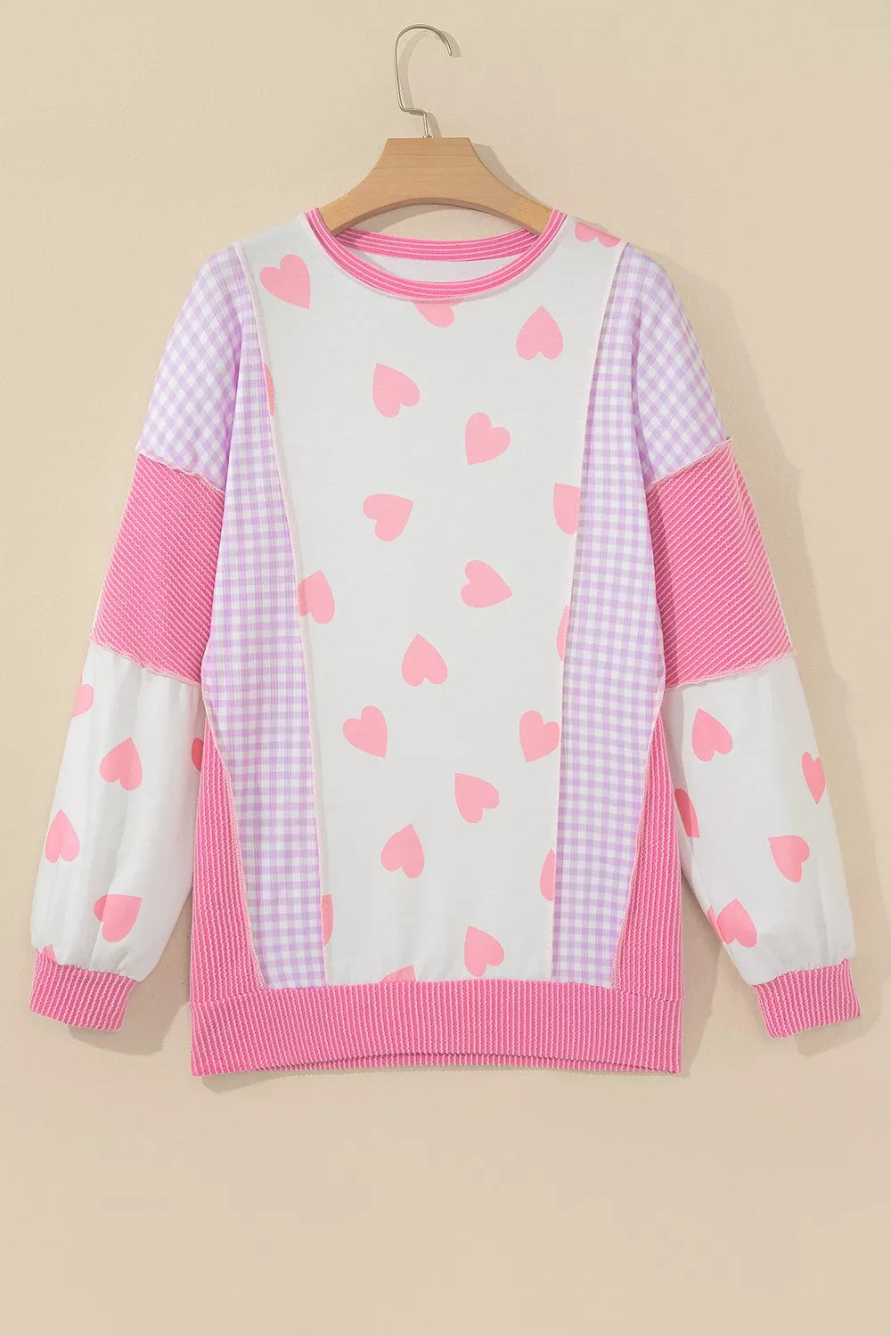 Heart Pattern Colorblock Ribbed Detail Side Slit Top