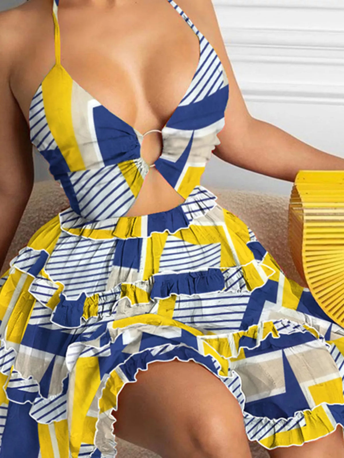 Lynn's Colorful Print Halter Neck Ruffle Mini Dress