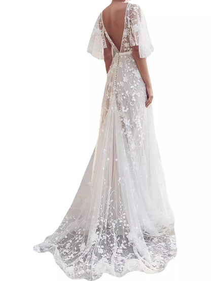 Lace V-Neck Maxi Dress with Flutter Sleeves