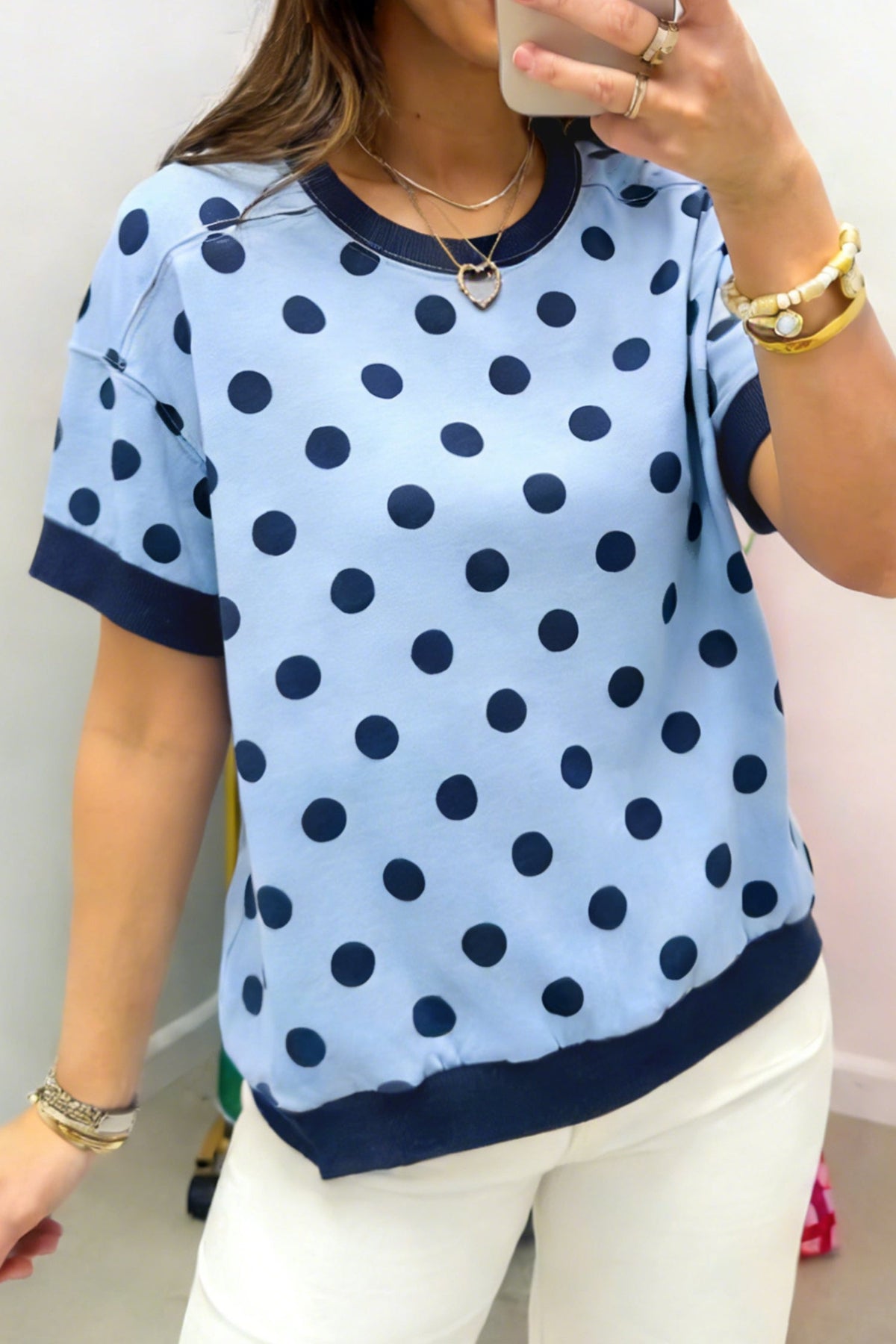 Pink Color Block Trim Polka Dot Casual Tee