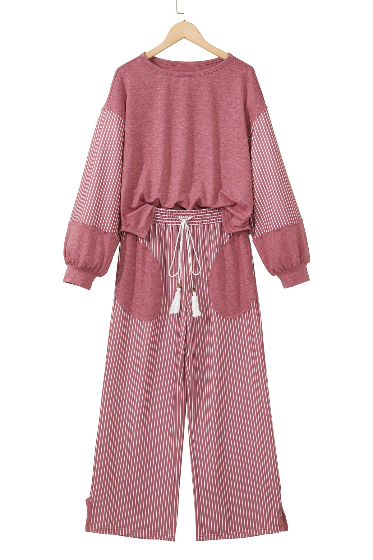Fushia Raw Seam Patchwork Long Sleeve Top Pocket Casual Pants 2pcs Set