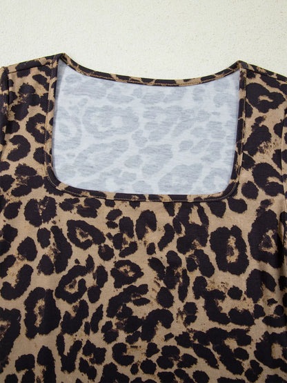 Leopard Print Square Neck Long Sleeve Top