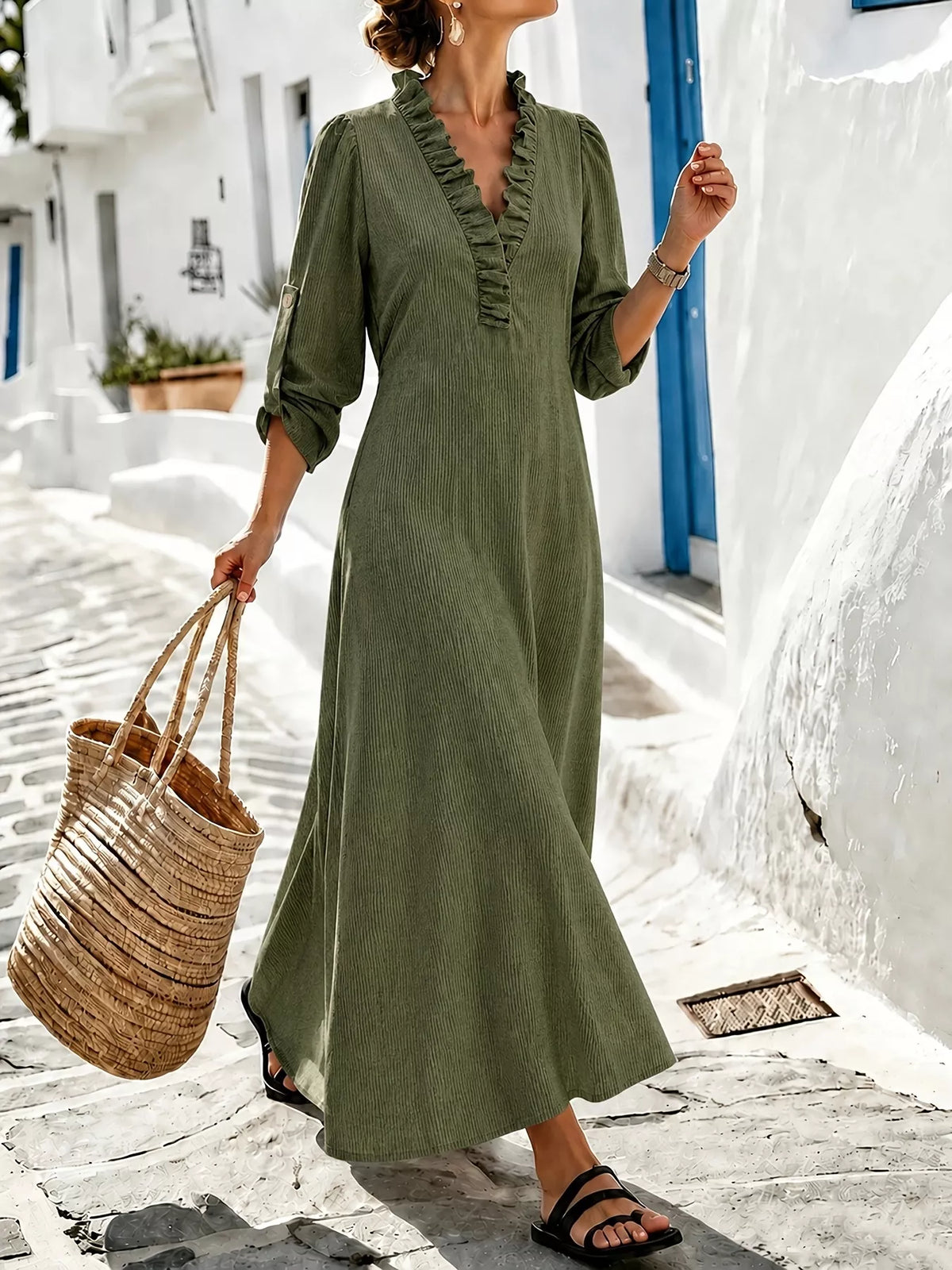 Plus Size V-Neck Maxi Dress with Roll-Up Sleeves