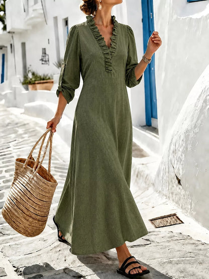 Plus Size V-Neck Maxi Dress with Roll-Up Sleeves