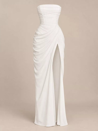 Elegant Strapless Ruched High-Slit Evening Dress