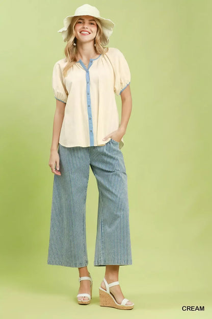 Umgee Contrast Trim Button Front Puff Sleeve Blouse
