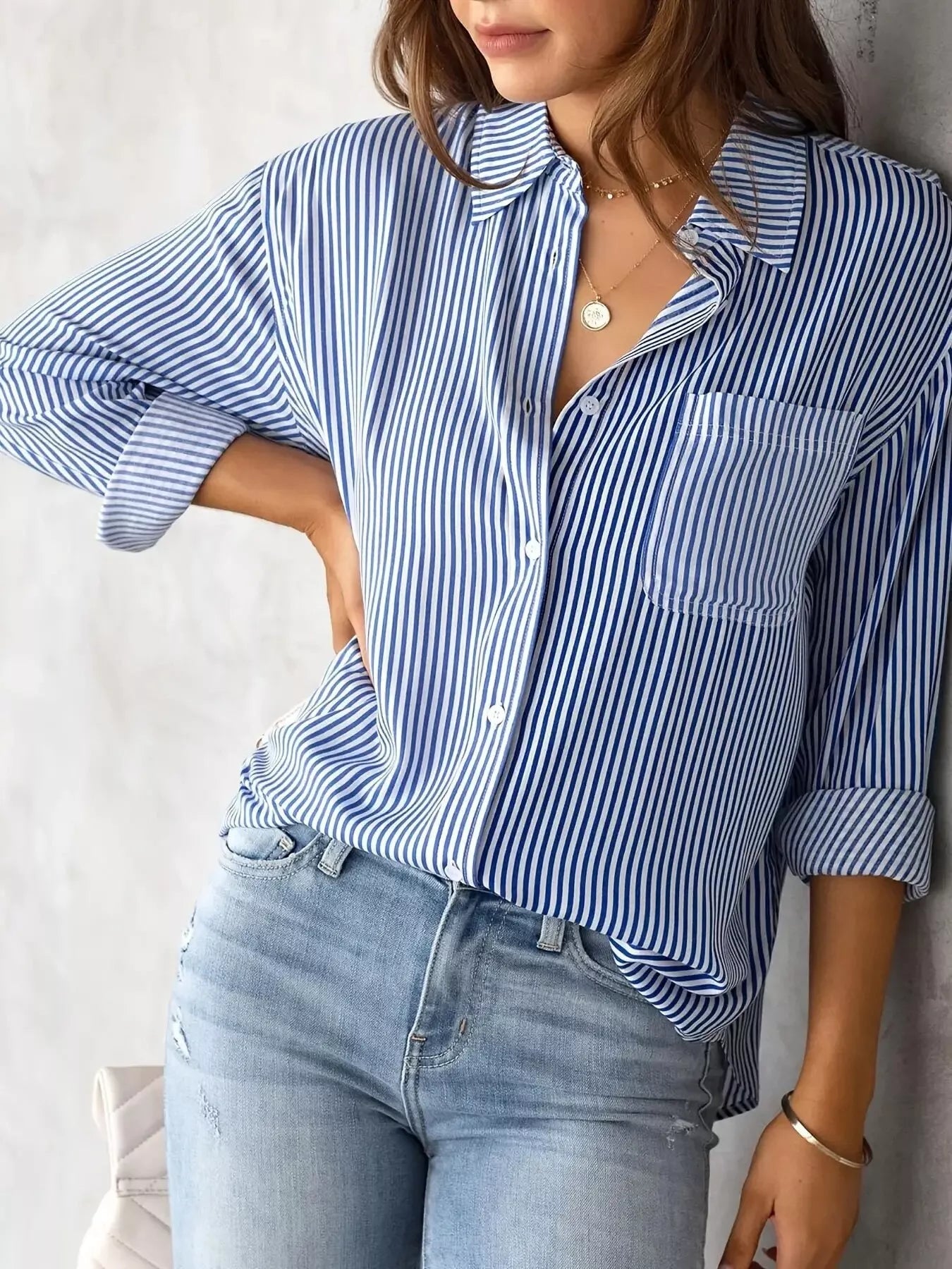 Full Size Striped Button-Down Long Sleeve Shirt Plus Size